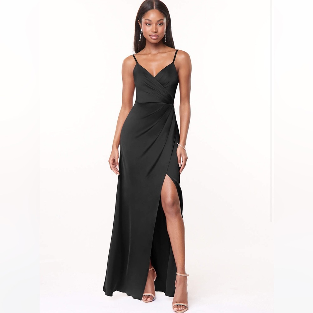 AZAZIE MACI STRETCH SATIN BLACK BRIDESMAIDS DRESS